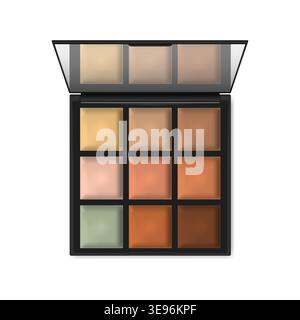 Make-up palette container isolated on white background, realistic illustration. Open compact makeup cosmetic case with mirror, vector template Stock Vector