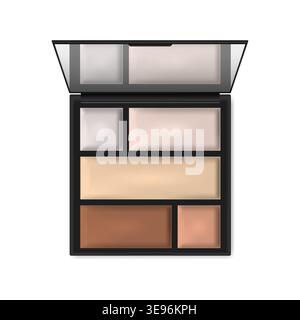 Make-up contouring palette, realistic illustration. Makeup concealer, highlighter, corrective powder kit. Open square cosmetic case with mirror Stock Vector