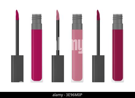 Lip gloss or liquid lipstick - clear tube and screw cap with applicator, vector illustration. Beauty product packaging Stock Vector