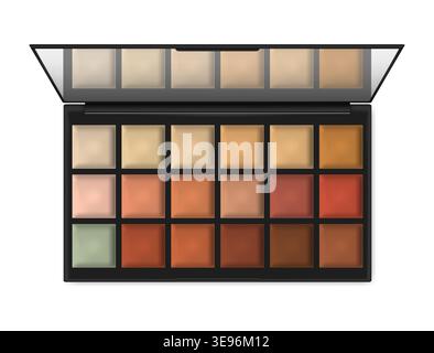 Large make-up palette container isolated on white background, realistic illustration. Open makeup cosmetic case with mirror, vector template Stock Vector