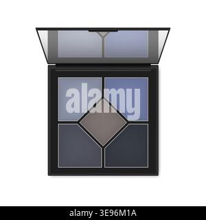 Make-up eyeshadow blue toned palette. Dramatic cobalt shade color eye shadow kit. Open black makeup container with mirror - top view, vector template Stock Vector