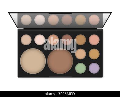Professional make-up palette isolated on white background, realistic illustration. Eyeshadow or concealer, powder kit. Open makeup case with mirror Stock Vector