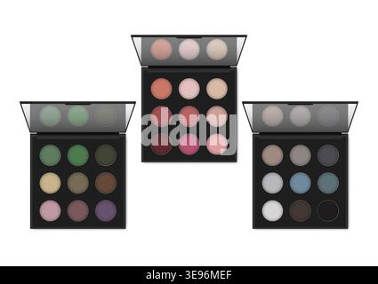 Make-up eyeshadow palette, realistic illustration. Makeup container set. Open color eye shadow kit case with mirror, vector template. Stock Vector