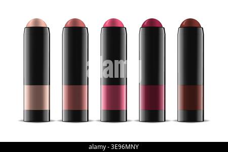 Lipstick or blusher in glossy black tube, realistic vector illustration. Lip or cheek rouge color palette. Trendy makeup product. Easy to recolor Stock Vector