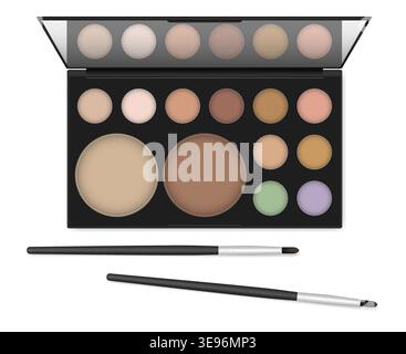 Make-up concealer brushes and open makeup concealer kit case with mirror isolated on white background, realistic vector illustration Stock Vector