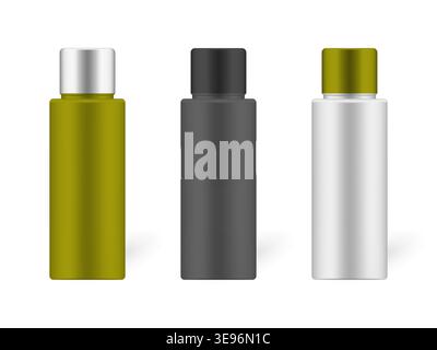 Cosmetic bottle with screw cap, realistic mockup set. Beauty skin care product packaging containers isolated on white background, vector template Stock Vector