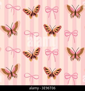 Seamless striped pattern with butterflies and bows Stock Vector