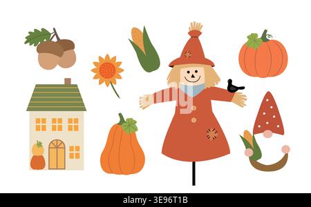 collection of autumn seasonal clipart. vector illustration set of autumn patterns featuring a scarecrow, pumpkin, gnome, house, acorn, sunflower. Stock Vector