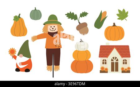 collection of autumn seasonal clipart. vector illustration set of autumn patterns featuring a scarecrow, pumpkin, gnome, house, acorn, sunflower, corn. Stock Vector