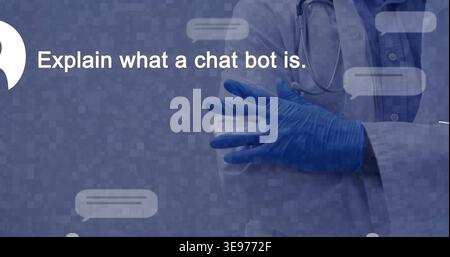 Mature African American man posing on medical banner in lab coat stethoscope chat text, copy space Stock Photo