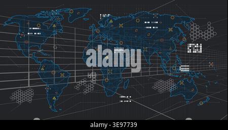 Showing blue world map outline on dashboard, displaying hexes, nodes, triangles, matrices Stock Photo