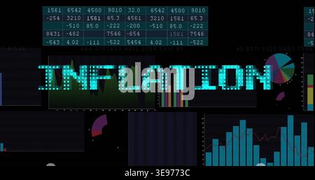 Displaying teal INFLATION marquee over digital dashboard, showing numeric matrix and red traces Stock Photo