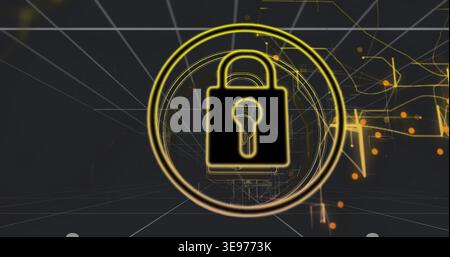 Illuminating padlock glowing inside concentric rings in cyber wireframe grid with orange nodes Stock Photo