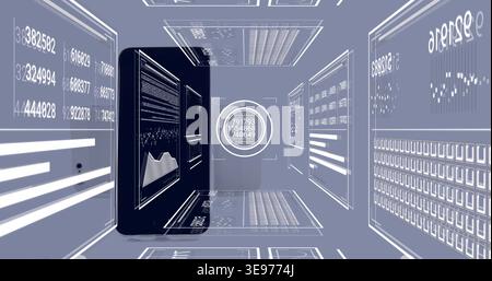 Vertical black server standing in virtual data corridor, displaying line chart, holographic panels Stock Photo