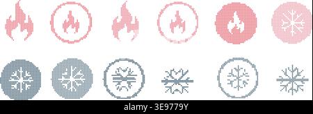 Cross stitch icon set with fire and snowflake embroidery patterns representing hot and cold seasonal symbols for textile craft design Stock Vector