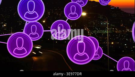 Displaying user avatars connecting over hilltop at dusk, showing network connectivity with road Stock Photo