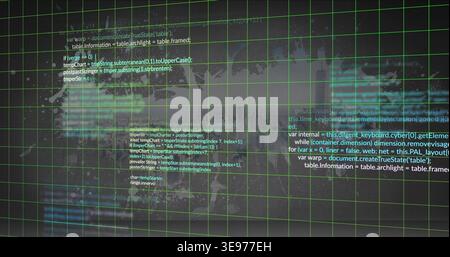 Glowing neon green grid spreading across HUD backdrop, showing floating code panels and cyan glow Stock Photo