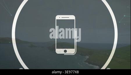Displaying centered white phone icon overlaying muted coast, showing thick ring and network nodes Stock Photo