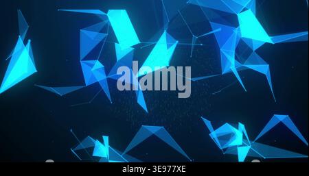 Glowing blue cyan triangles floating in virtual space, forming wireframe, particles, glow effects Stock Photo
