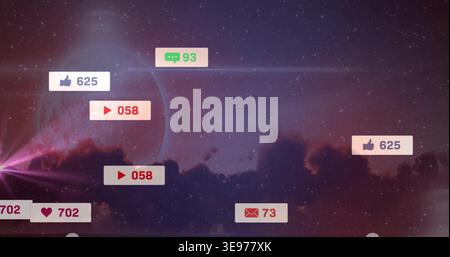 Floating notification badges drifting across outer space sky near moon disc, showing likes messages Stock Photo