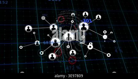 Displaying central hub node pulsing on cyber grid, linking circular avatars, fingerprint, red marks Stock Photo