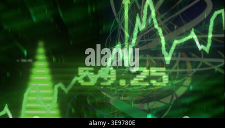 Updating neon green jagged line chart reacting to data feed on screen, stacked bars, 54 Stock Photo