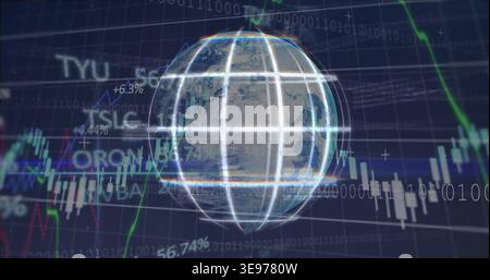 Displaying lit 3D globe rotating at market analytics display, showing candlesticks and tickers Stock Photo