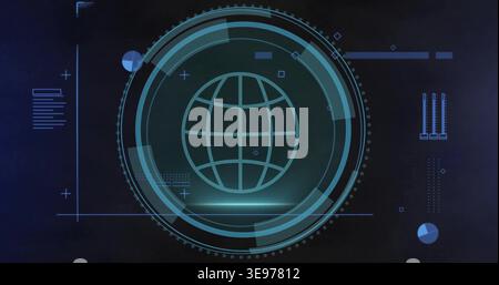 Receiving data, central HUD rotating globe grid and pulsing rings on dashboard, monitoring network Stock Photo