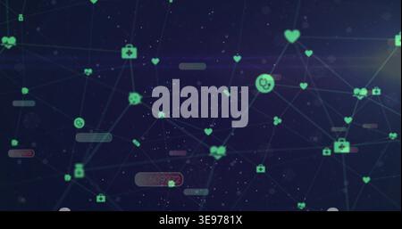 Pulsing medical-data network filling digital background, showing teal lines, nodes, heart icons Stock Photo