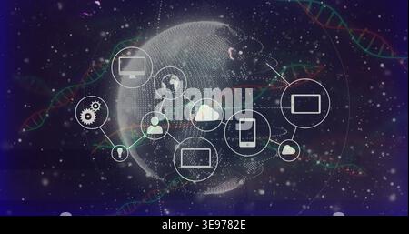 Pulsing wireframe globe sending links in cosmos after data pulses, showing device icons and DNA Stock Photo