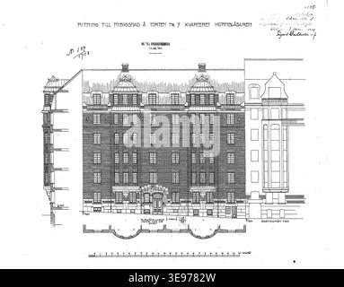 Folke Zettervall (1831–1907) was a prominent Swedish architect known for his design of public buildings and urban spaces. Fritiof Dahl (1880–1945) was a Swedish architect and draftsman. The archival architectural drawing from 1914 showcases the facade design of Hornblåsaren 7, located on Ulrikagatan in Stockholm, Sweden. Stock Photo