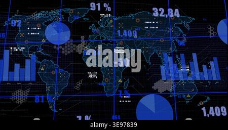 Displaying stylized world map on digital dashboard, highlighting pie charts, bars, numeric readouts Stock Photo
