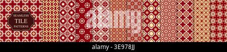 Collection of bright colorful seamless geometric tile mosaic patterns in Asian style. Decorative ornamental red and gold vector backgrounds Stock Vector