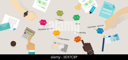multi agent artificial intelligence system for business workflow automation robots as designer sales marketing customer service and programmer represe Stock Vector