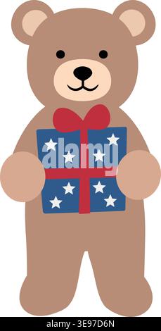 Cute patriotic teddy bear holding a gift box with a star pattern. Patriotic brown teddy bear flat vector Illustration. Stock Vector