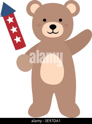 Cute patriotic teddy bear is holding a red, white, and blue firework decoration. Patriotic brown teddy bear flat vector Illustration. Stock Vector