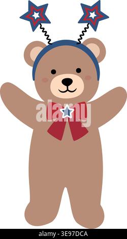 Cute patriotic teddy bear wearing a star headband. Patriotic brown teddy bear flat vector Illustration. Transparent background. Stock Vector