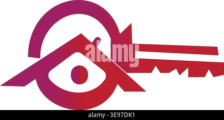 Modern real estate logo with house roof and key icon in red gradient, property security concept, home ownership symbol isolated design Modern property Stock Vector