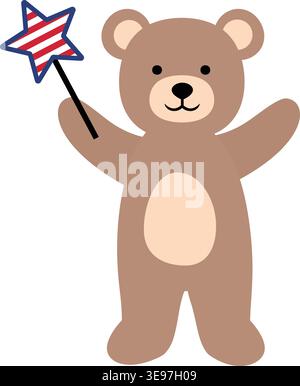 Cute patriotic teddy bear is holding a star wand with an American flag pattern. Patriotic brown teddy bear flat vector Illustration. Stock Vector
