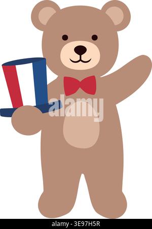 Cute patriotic teddy bear is holding a red, blue, and white hat. Patriotic brown teddy bear flat vector Illustration. Transparent background. Stock Vector