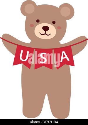 Cute patriotic teddy bear is holding a red flag with the word "USA" printed on it. Patriotic brown teddy bear flat vector Illustration. Stock Vector