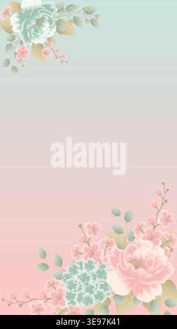 Vertical vector illustration in oriental style with pink sakura and peony flowers on pastel gradient background and copy space. Stock Vector