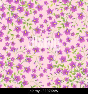 Vector seamless pattern with purple bellflowers and green leaves on a light pink background for textile and wallpaper design. Stock Vector