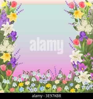 Square vector illustration with a floral frame featuring tulips, daffodils, irises, and snowdrops with copy space on a colorful gradient background. Stock Vector