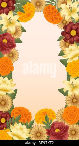 Vertical vector illustration with a floral frame featuring orange marigolds, yellow lilies, and red flowers with copy space on a light background. Stock Vector