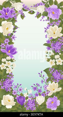 Vertical vector illustration with a floral frame featuring white magnolias, purple lilac, and jasmine flowers, with copy space. Stock Vector