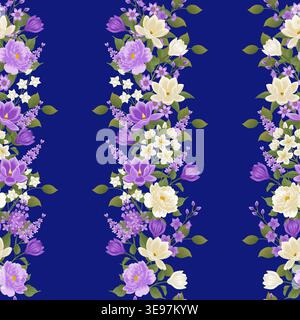 Vector seamless pattern with vertical stripes of white magnolia and purple lilac on dark blue background for packaging, wedding and textile design Stock Vector