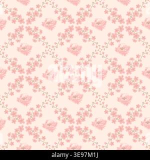 Vector seamless pattern in oriental style with sakura and peony flowers on pastel gradient background for luxury packaging, wedding and textile design Stock Vector