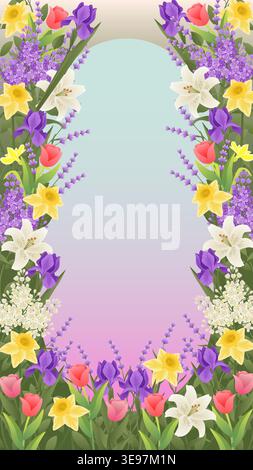 Vertical vector illustration with a floral frame featuring tulips, daffodils, irises, and snowdrops with copy space on a colorful gradient background. Stock Vector