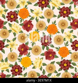 Vector seamless pattern with orange marigolds, yellow lilies, and burgundy flowers on a light background for textile and wallpaper design. Stock Vector